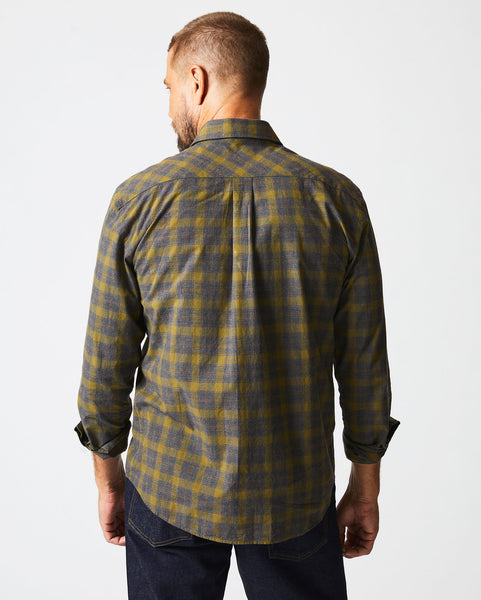 MELANGE SHADOW PLAID TUSCUMBIA SHIRT IN GREY OLIVE Billy Reid