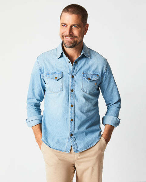 blue denim shirt outfit mens