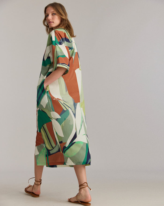 Collage Tropical Silk V-Pleat Maxi Dress