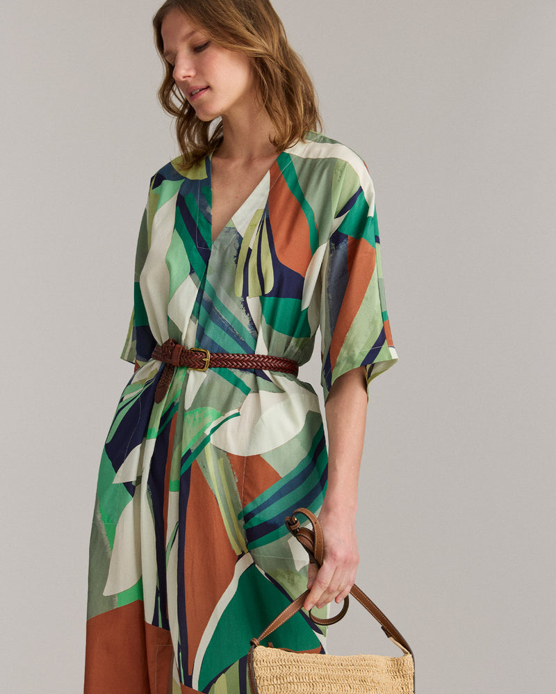 Collage Tropical Silk V-Pleat Maxi Dress