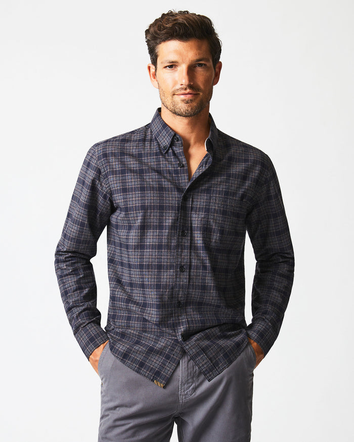 Male model wears the Plaid Tuscumbia Shirt Hidden Button Down