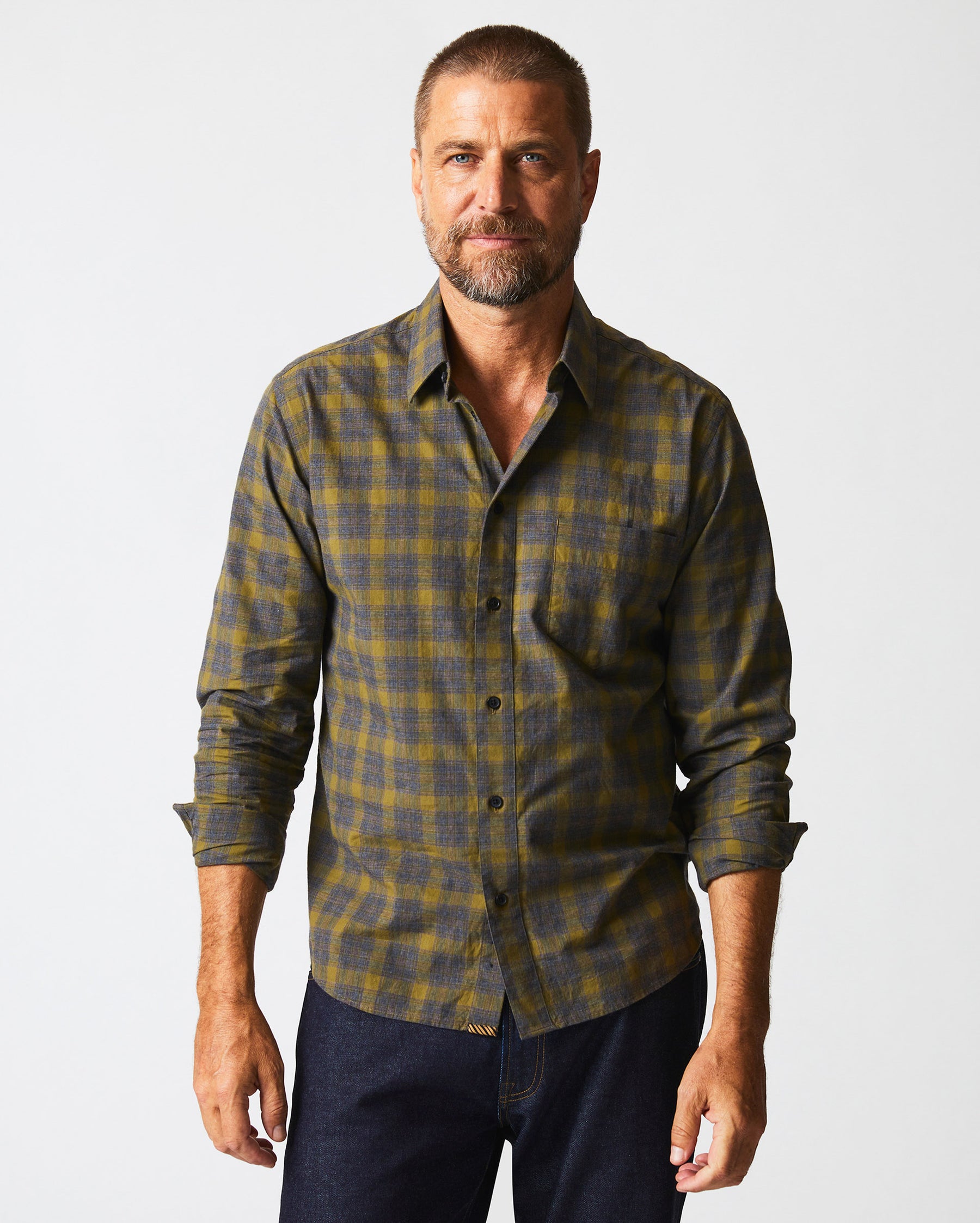 MELANGE SHADOW PLAID TUSCUMBIA SHIRT IN GREY OLIVE Billy Reid