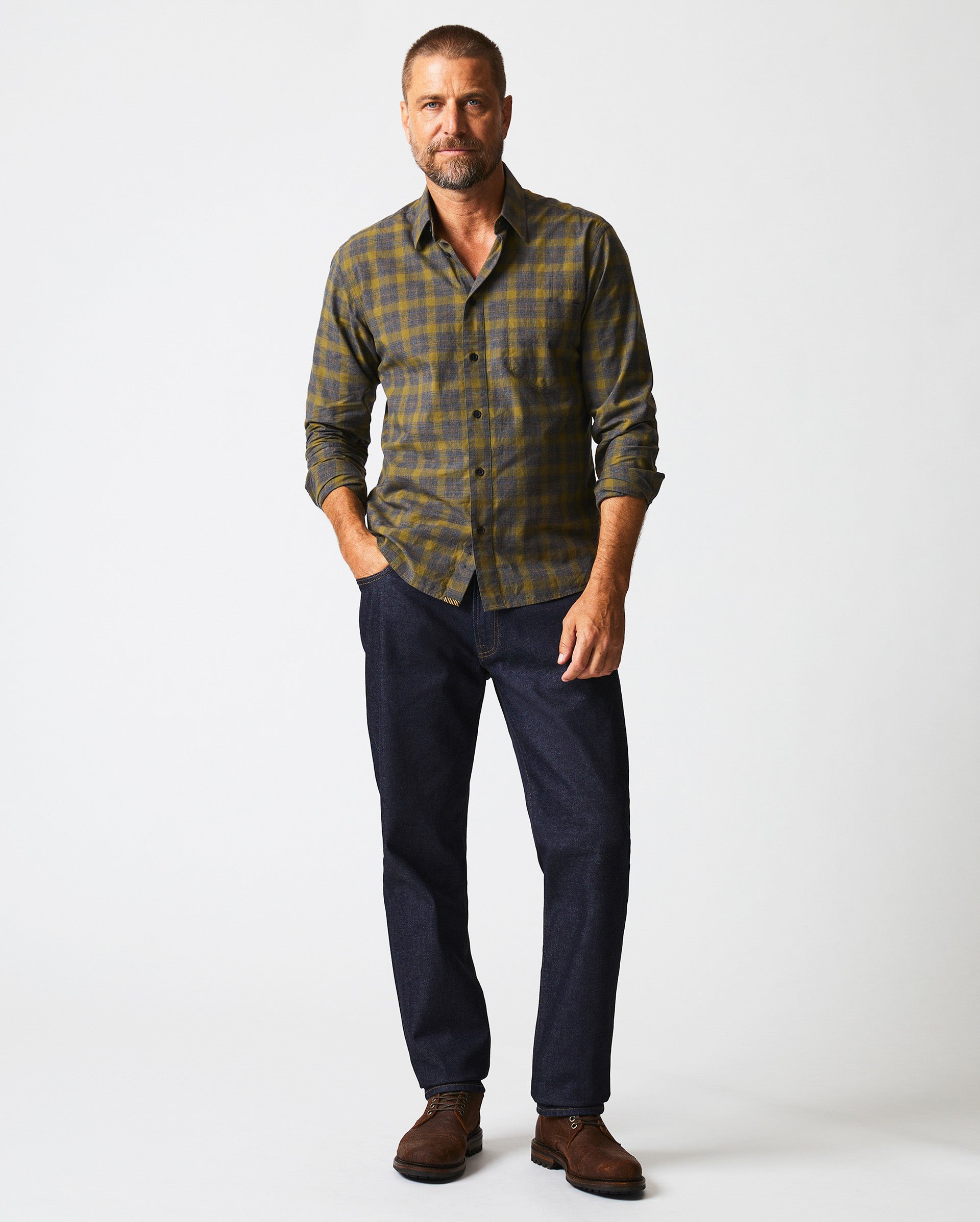 MELANGE SHADOW PLAID TUSCUMBIA SHIRT IN GREY OLIVE Billy Reid