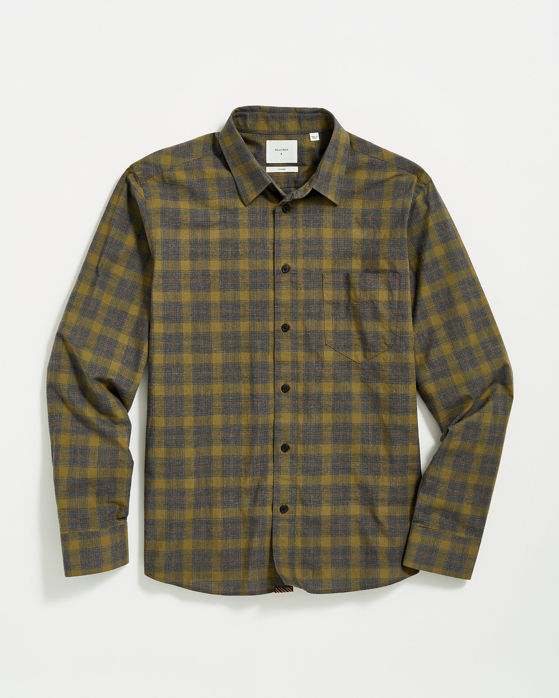 MELANGE SHADOW PLAID TUSCUMBIA SHIRT IN GREY OLIVE Billy Reid