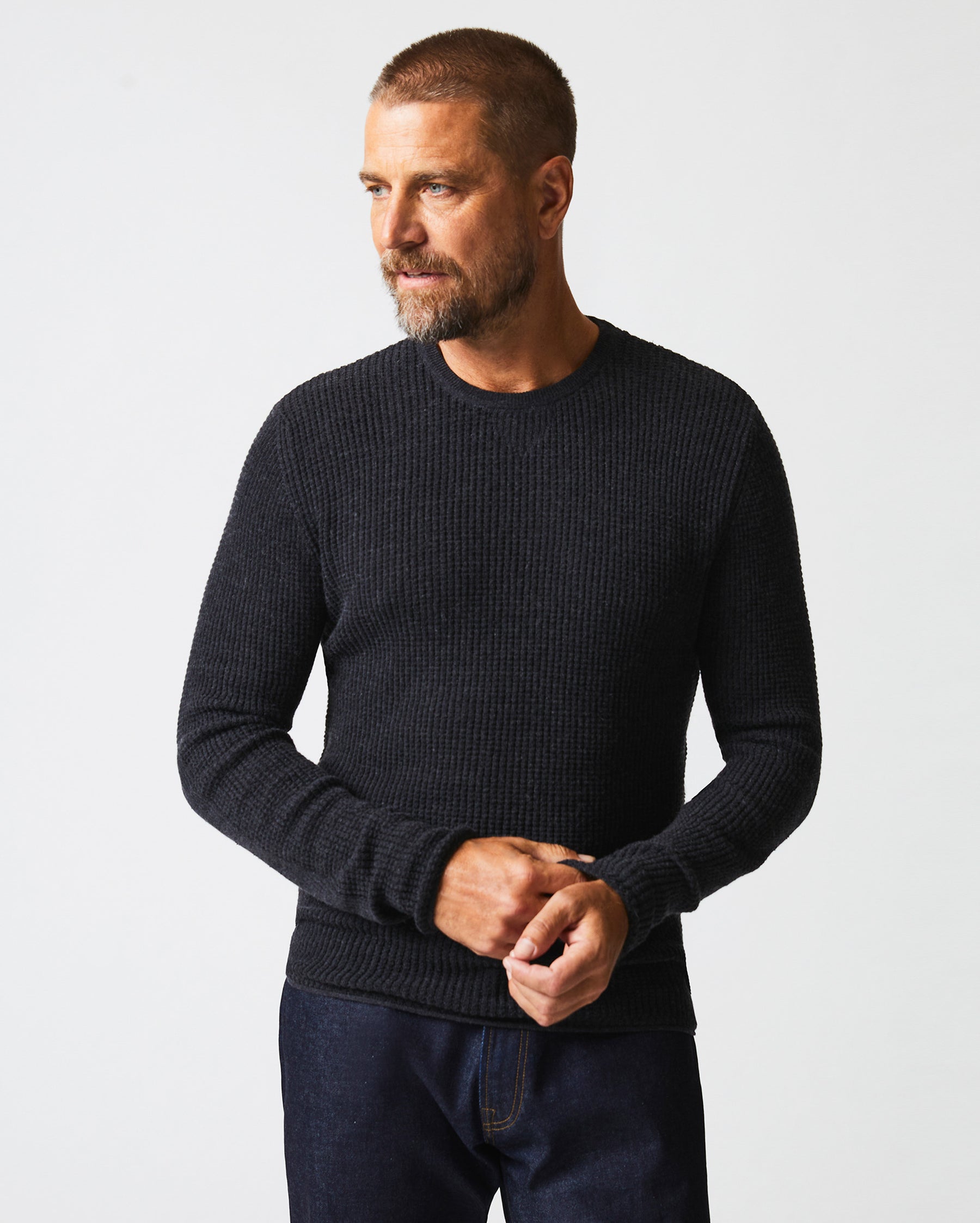 Men's Cashmere Micro Waffle Crew (Black Speckled) – CANDY&CAVIAR