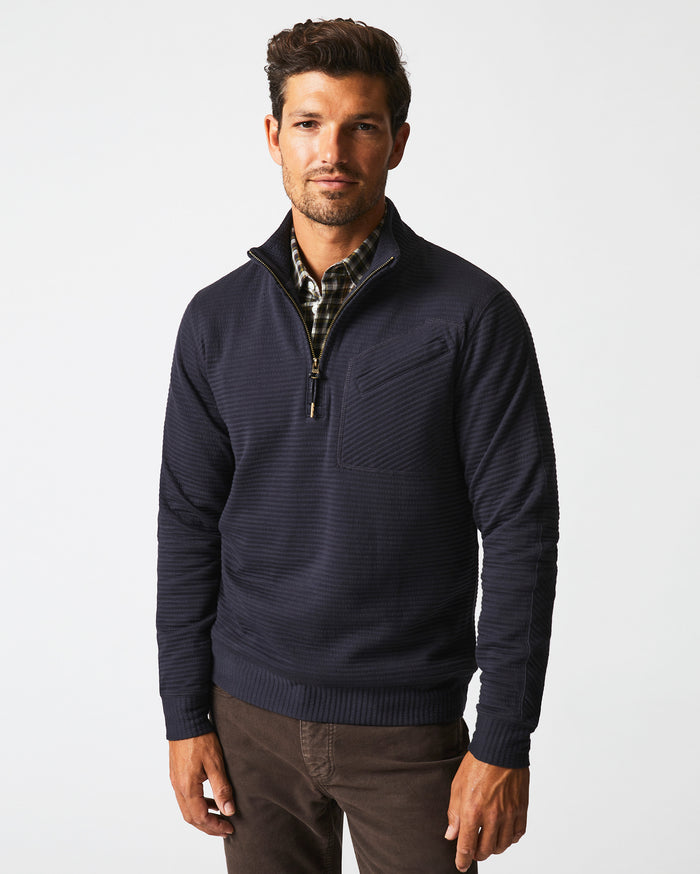 Male model wears the Quilted Half Zip in Dark Navy