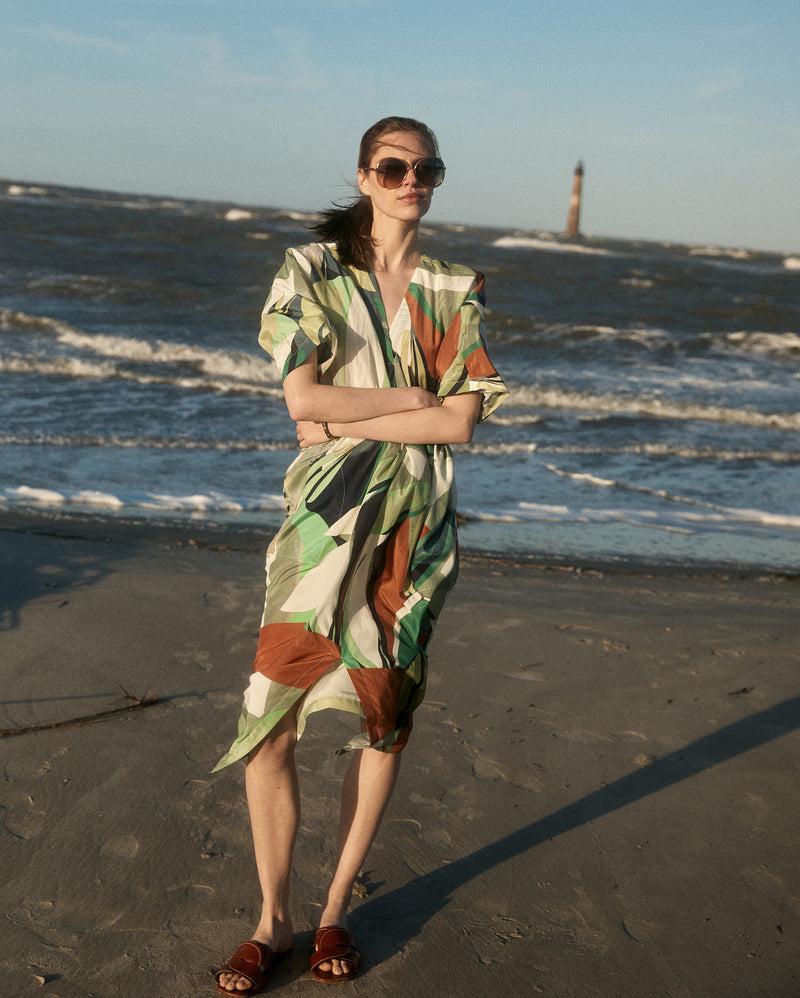 Collage Tropical Silk V-Pleat Maxi Dress