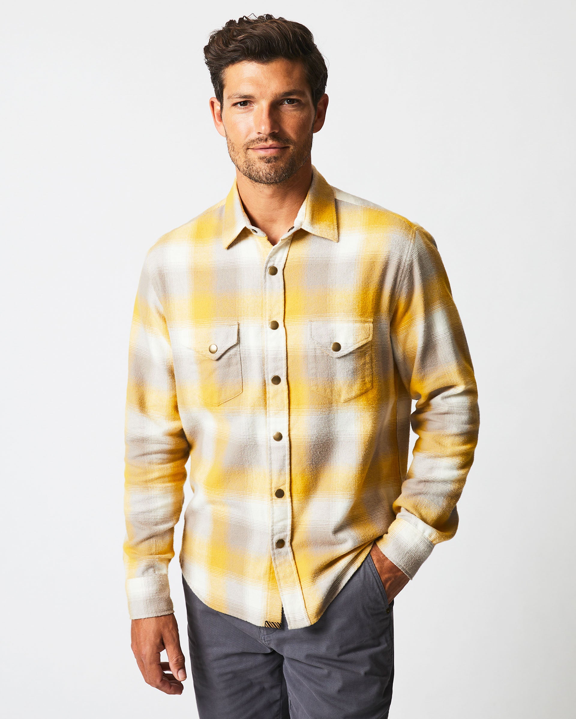 FLANNEL BOLD PLAID WESTERN SNAP FRONT SHIRT IN NATURAL/YELLOW