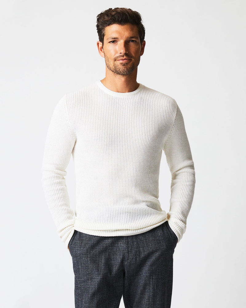 Male model wears the Mini Waffle Crew in White