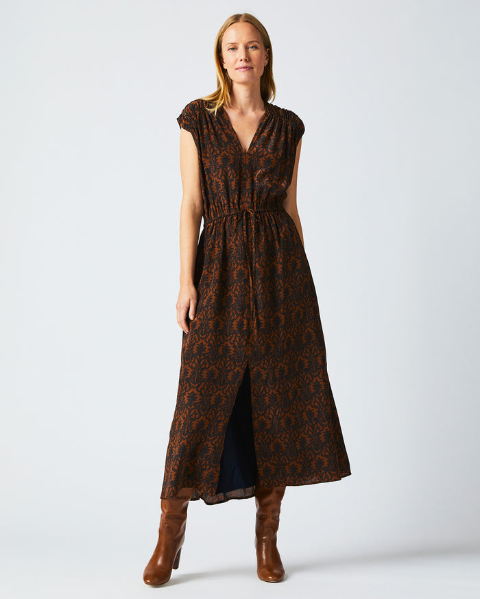 V Neck Maxi Dress in Navy/Brown worn by female model