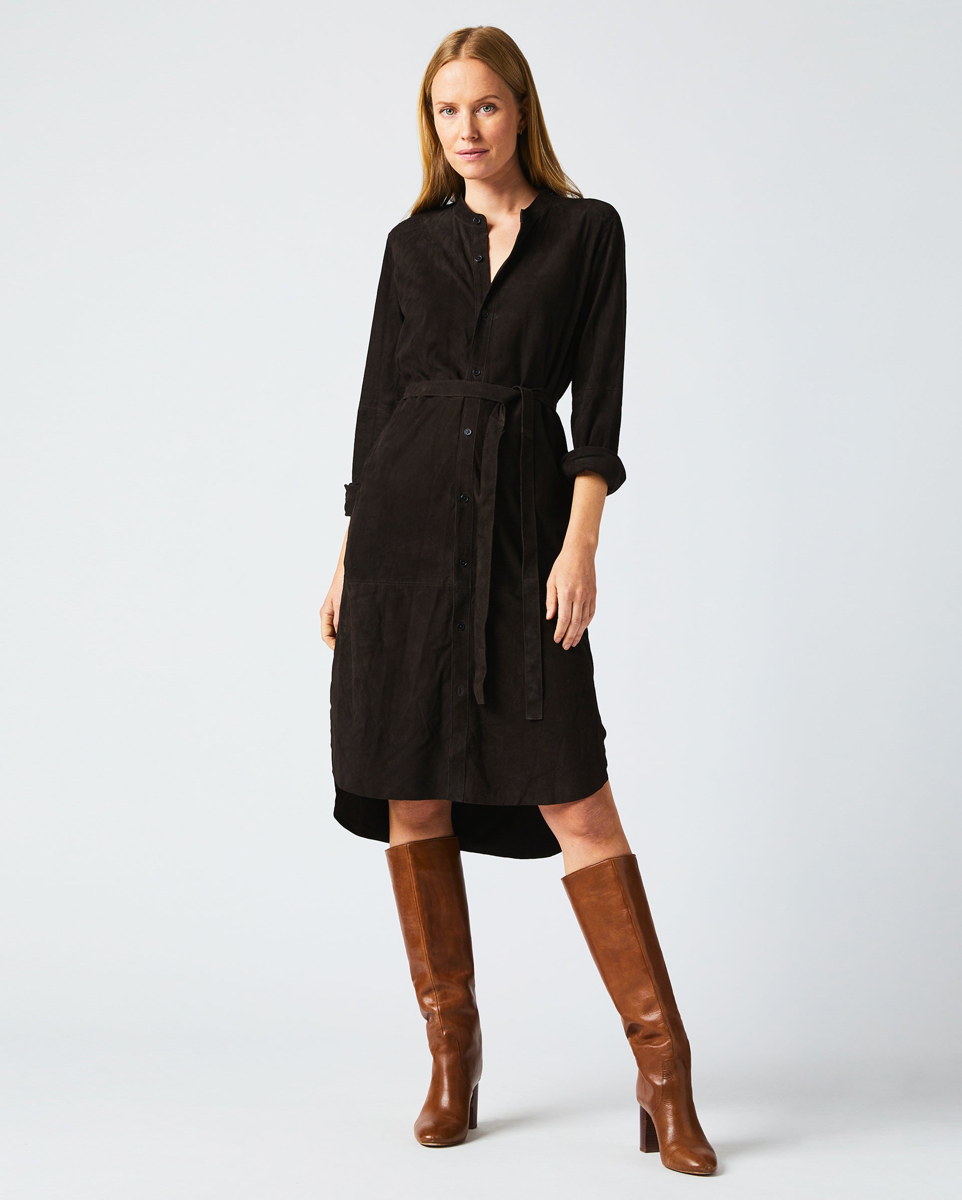 SUEDE SHIRTTAIL DRESS IN COFFEE BEAN Billy Reid