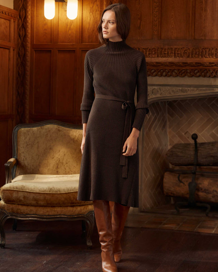 Turtleneck Sweater Dress in Coffee Bean worn by female model