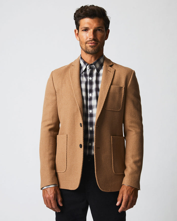 Male model wears the Camel Hair Archie Jacket in Camel