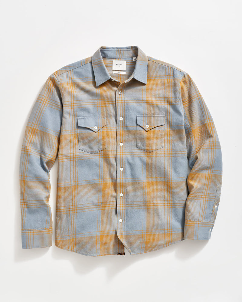 Large Scale Plaid Western Shirt in Faded Denim