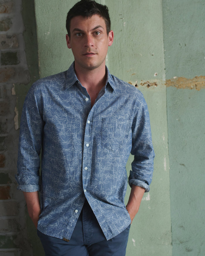 Melange Shrimp Boat Cypress Shirt in Dark Denim