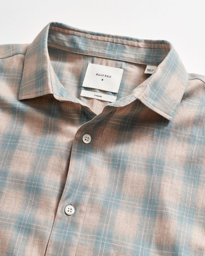 Herringbone Twill Hutcheson Sport Shirt in Light Brown/Teal