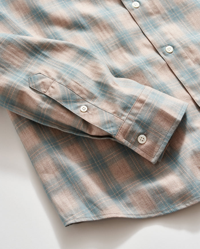 Herringbone Twill Hutcheson Sport Shirt in Light Brown/Teal