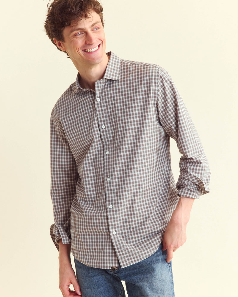 Male model wears the Windowpane Plaid Hutcheson Dress Shirt