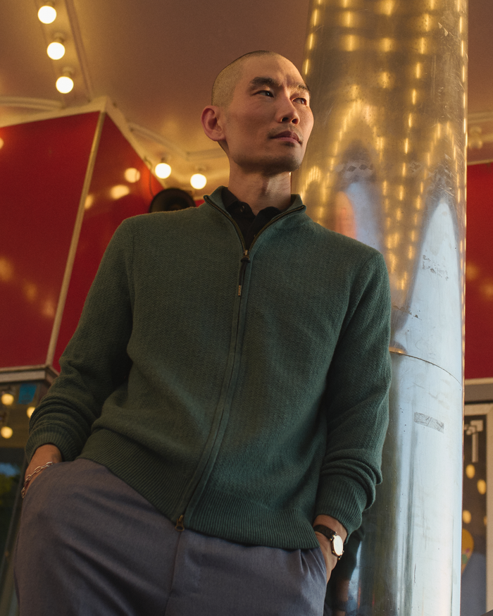 Pique Full Zip Sweater in Highland Green Heather