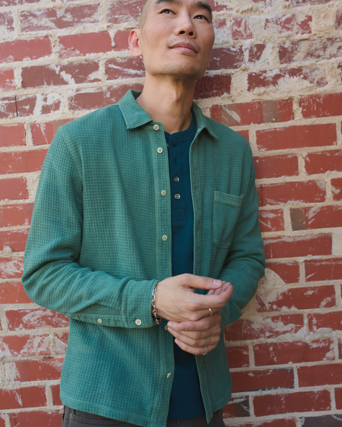 Long Sleeve Natural Dyed Grid Knit Tuscumbia Shirt in Florence Teal