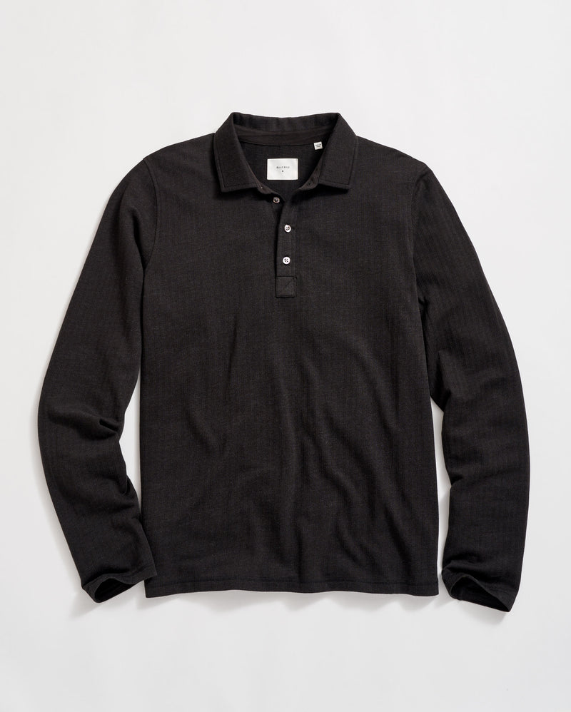 Long Sleeve Herringbone Polo in Black