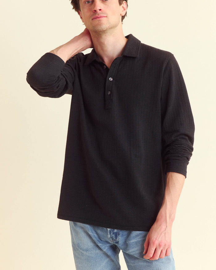 Long Sleeve Herringbone Polo in Black