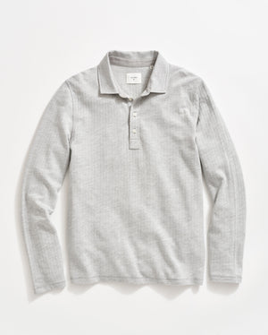 Long Sleeve Herringbone Polo in Light Grey