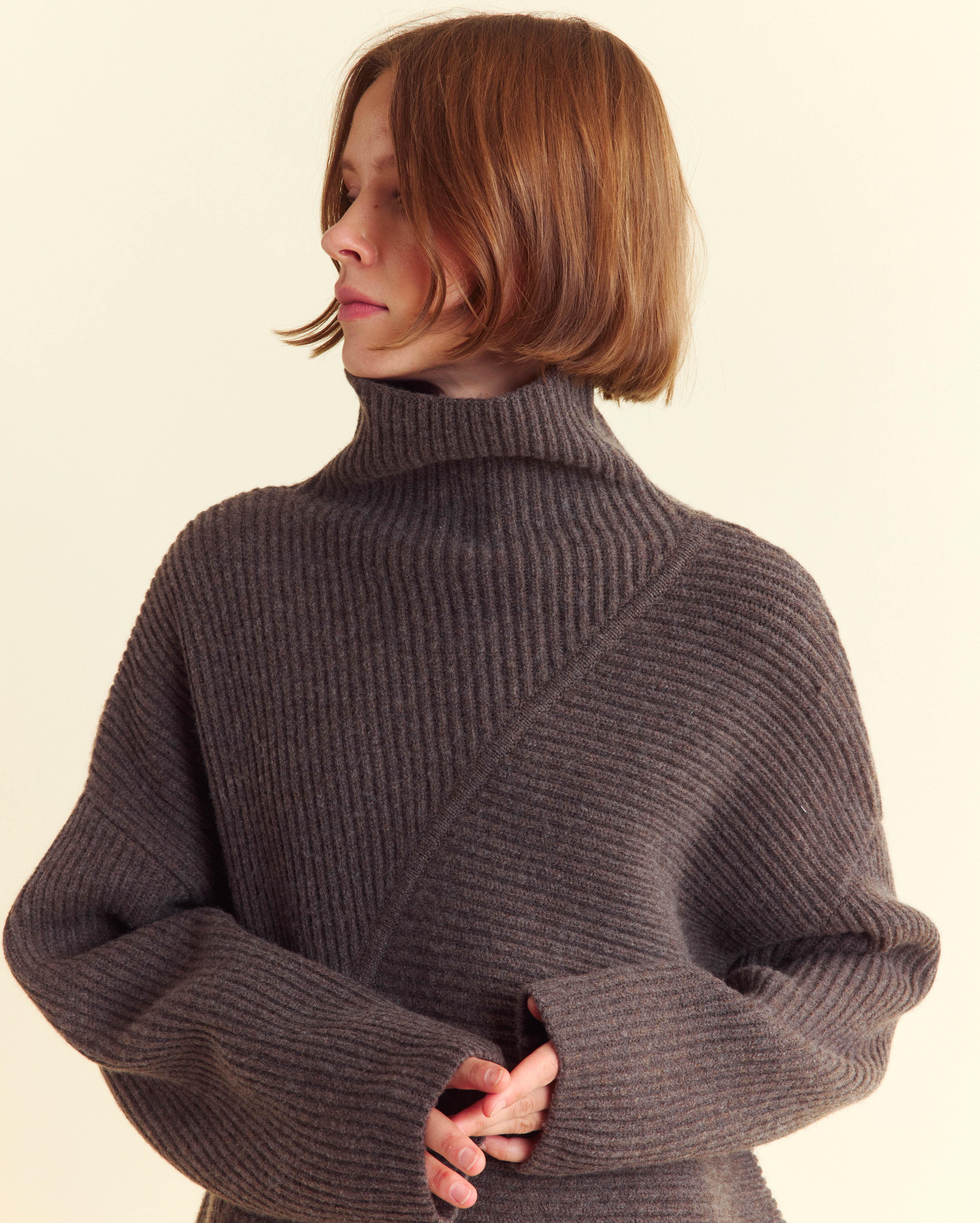 Directional Rib Funnel Neck Sweater