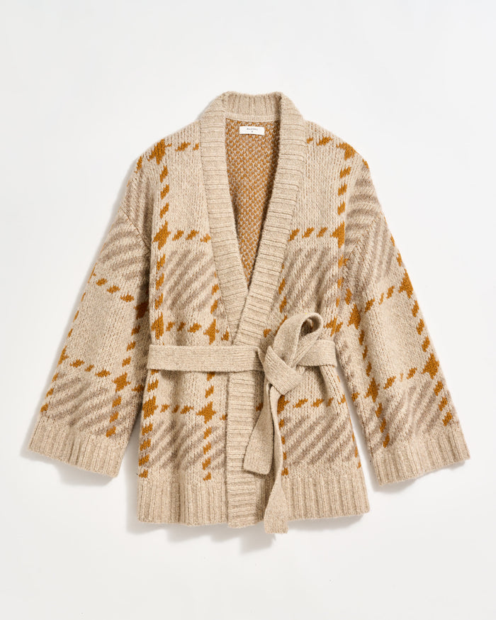 Plaid Wrap Cardigan in Camel/Brown