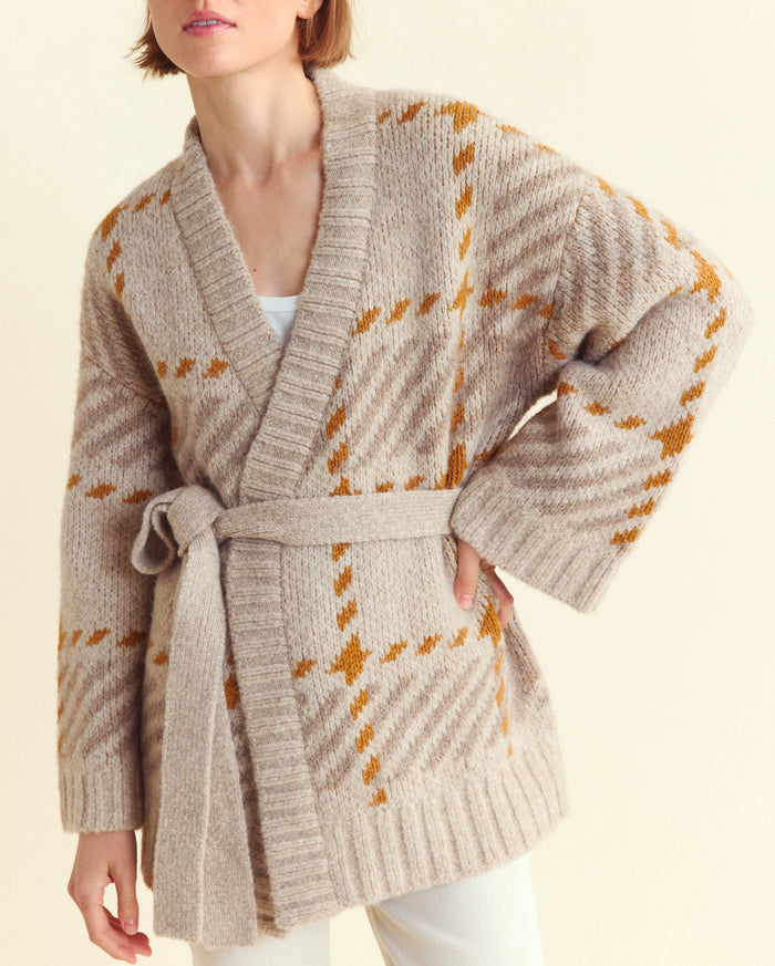 Plaid Wrap Cardigan in Camel/Brown