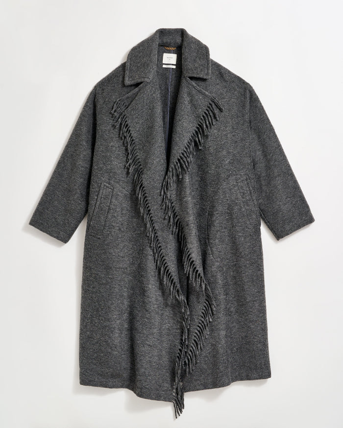 Long Blanket Fringe Coat in Charcoal