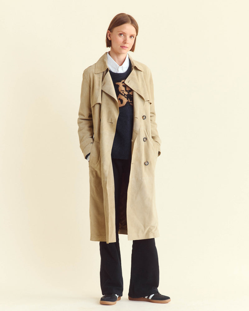 Long Suede Trench Coat in Sand