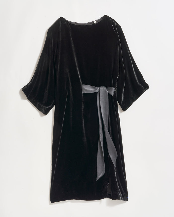 Velvet Tie Waist Dress in Black