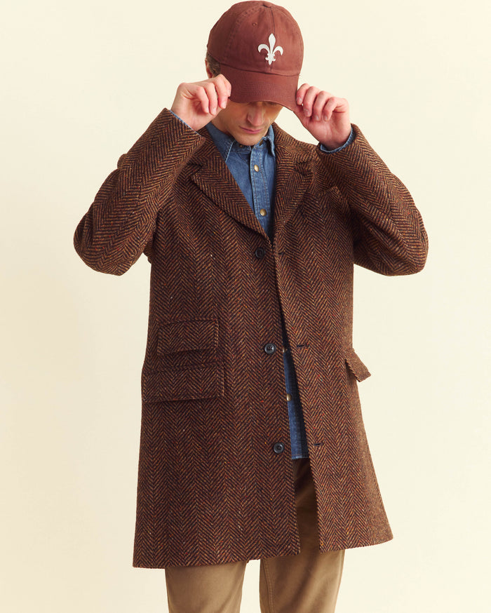 Herringbone Astor Coat in Dark Brown Herringbone