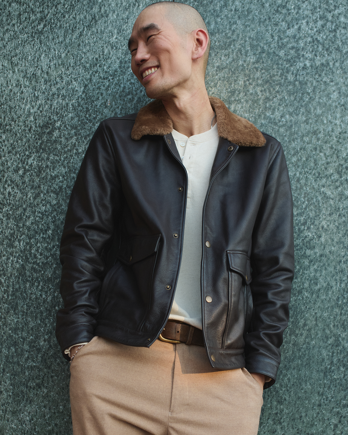 Leather Flight Jacket with Shearling Collar