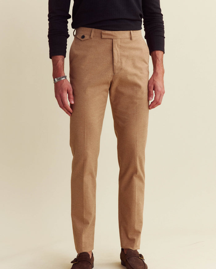 Flannel Flat Front Trouser in Camel Heather