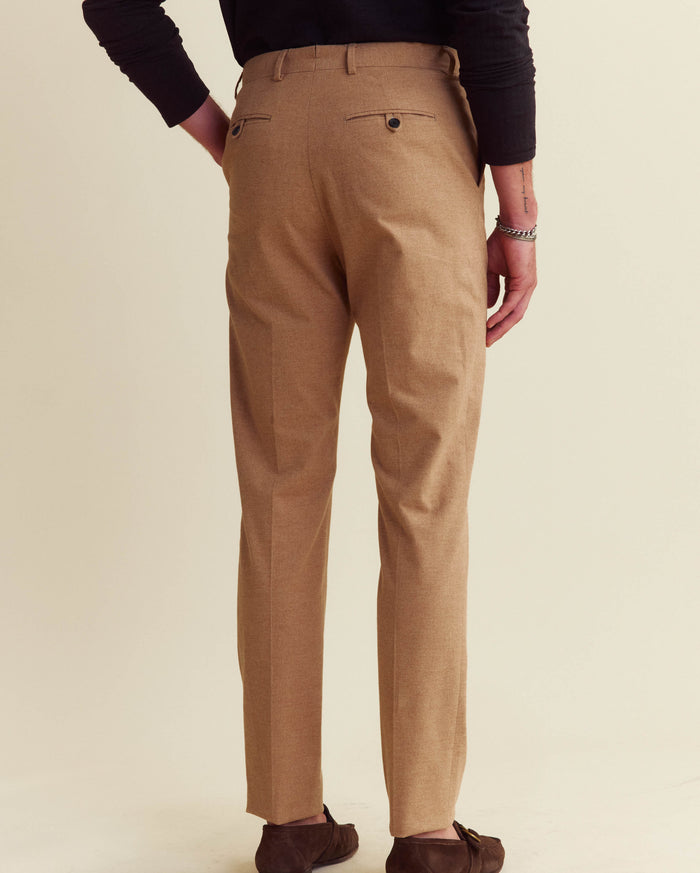 Flannel Flat Front Trouser in Camel Heather