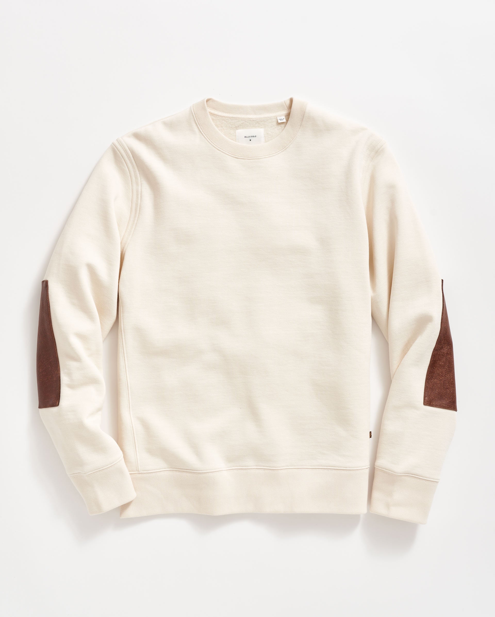 Billy Reid Dover Crewneck Sweatshirt with Leather Elbow Patches in Natural