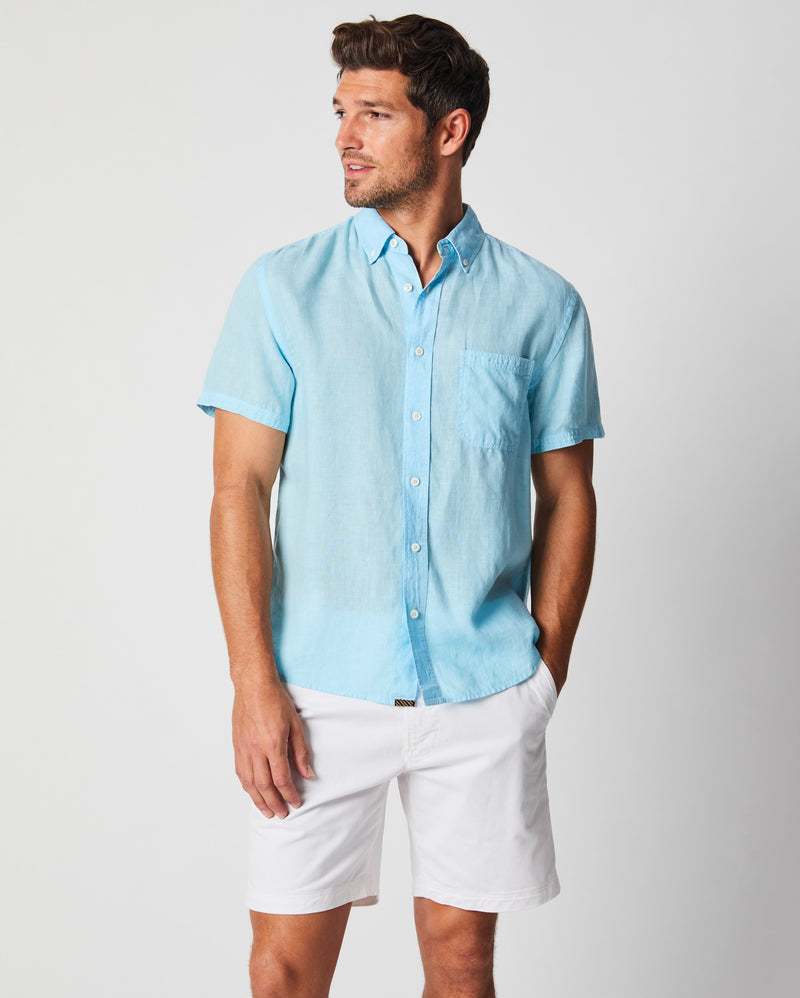 Short Sleeve Linen Tuscumbia Shirt Button Down in Day Blue