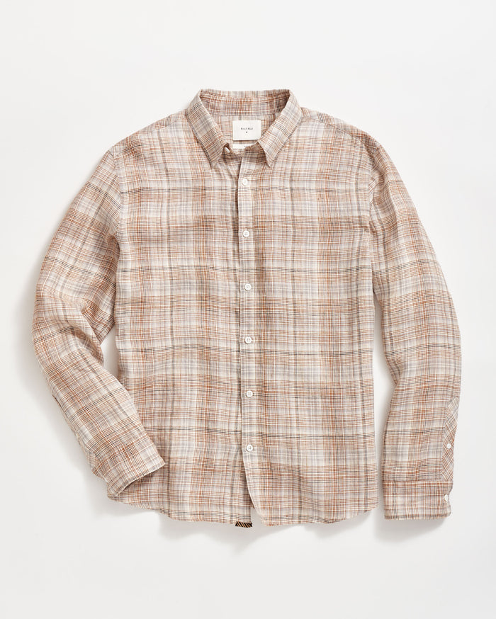 Linen Line Plaid Wilson Shirt in British Khaki/Silver