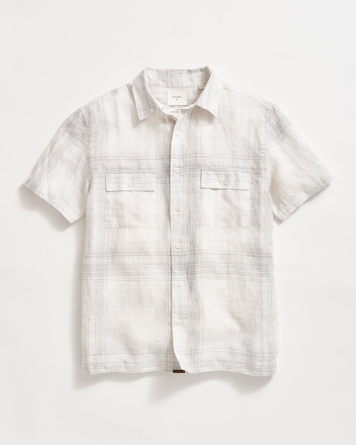 Short Sleeve Linen Line Plaid Banks Shirt in White/Multi