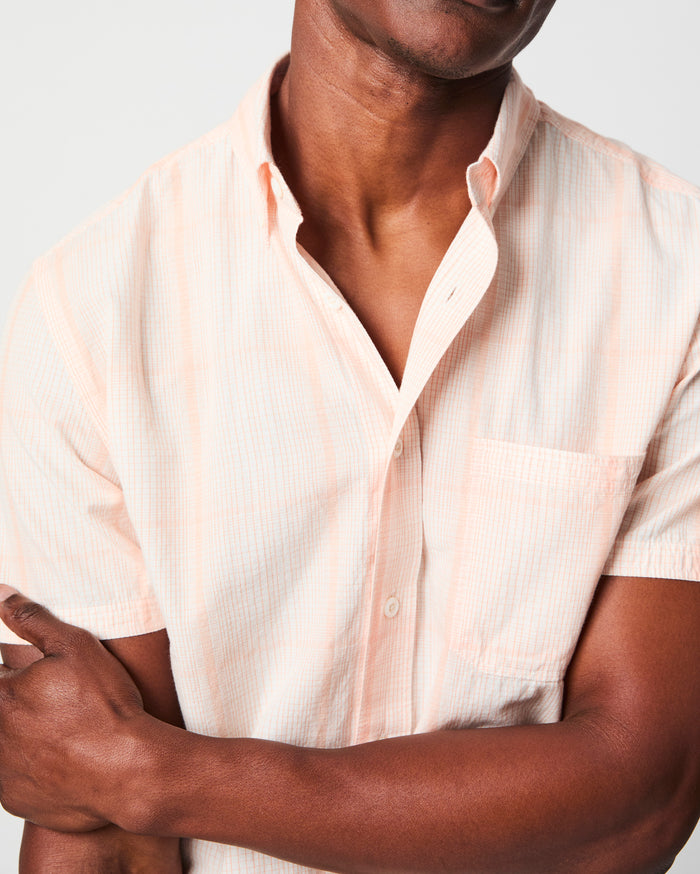 Short Sleeve Line Plaid Tuscumbia Shirt Button Down in Pale Coral