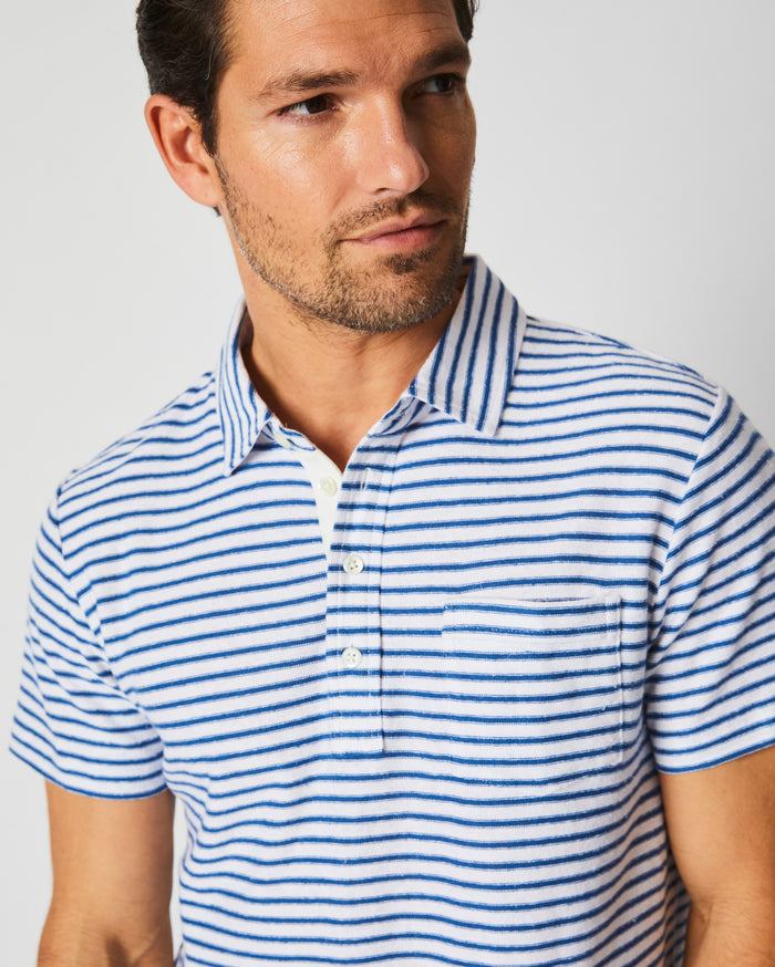 Stripe Hemp Cotton Polo in Dark Blue