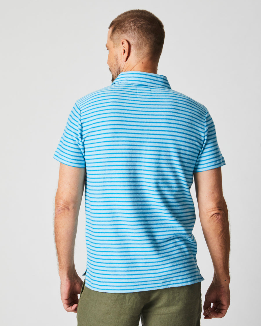 Stripe Hemp Cotton Polo in Day Blue