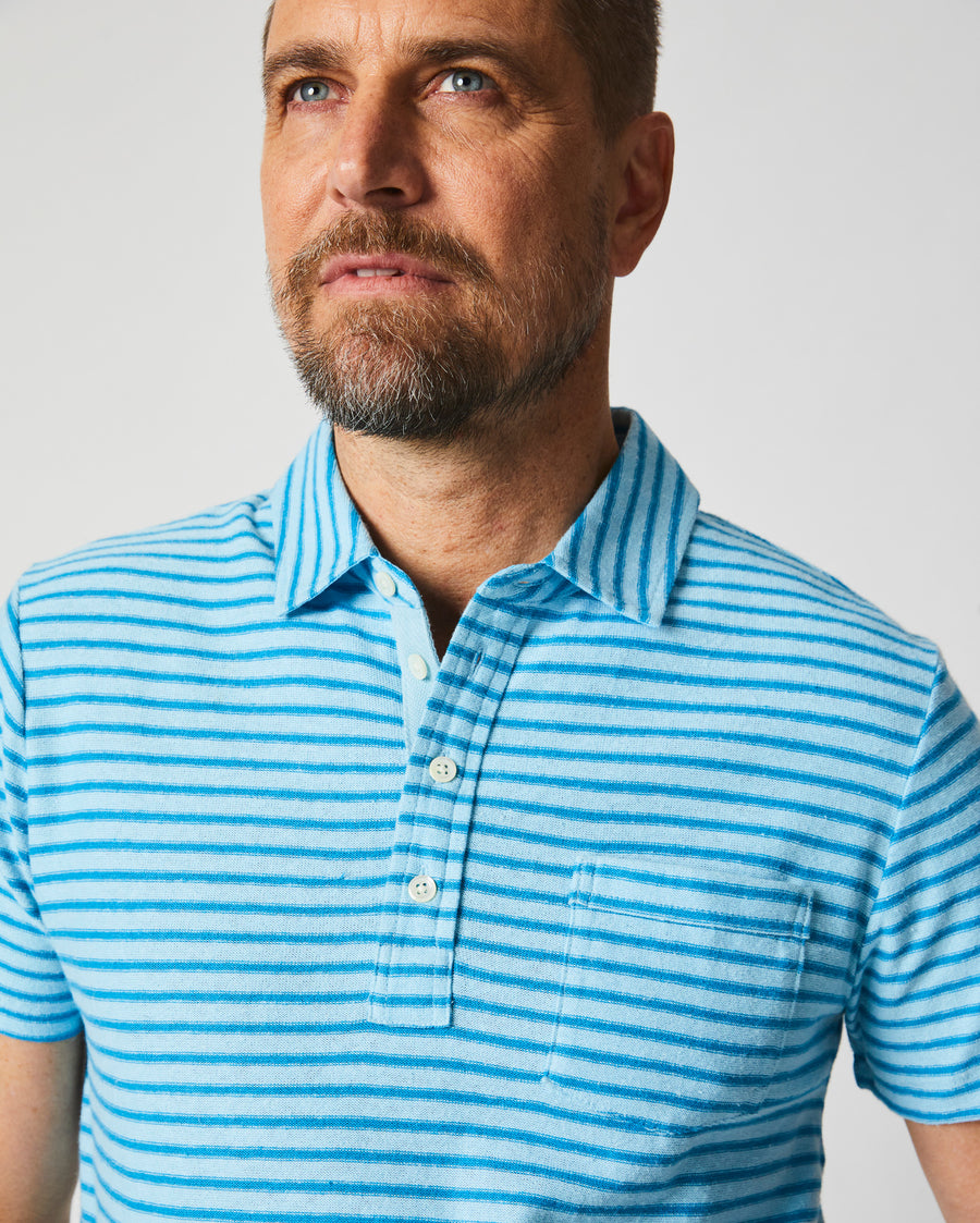 Stripe Hemp Cotton Polo in Day Blue