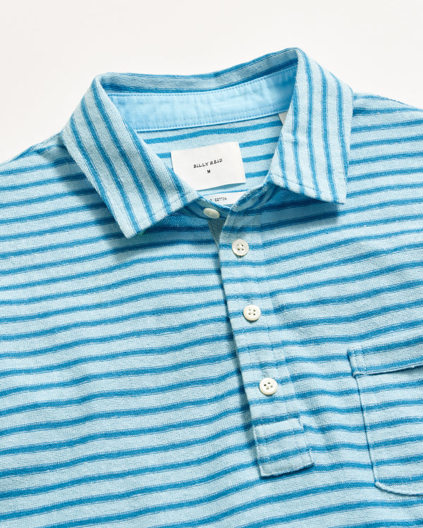 Stripe Hemp Cotton Polo in Day Blue