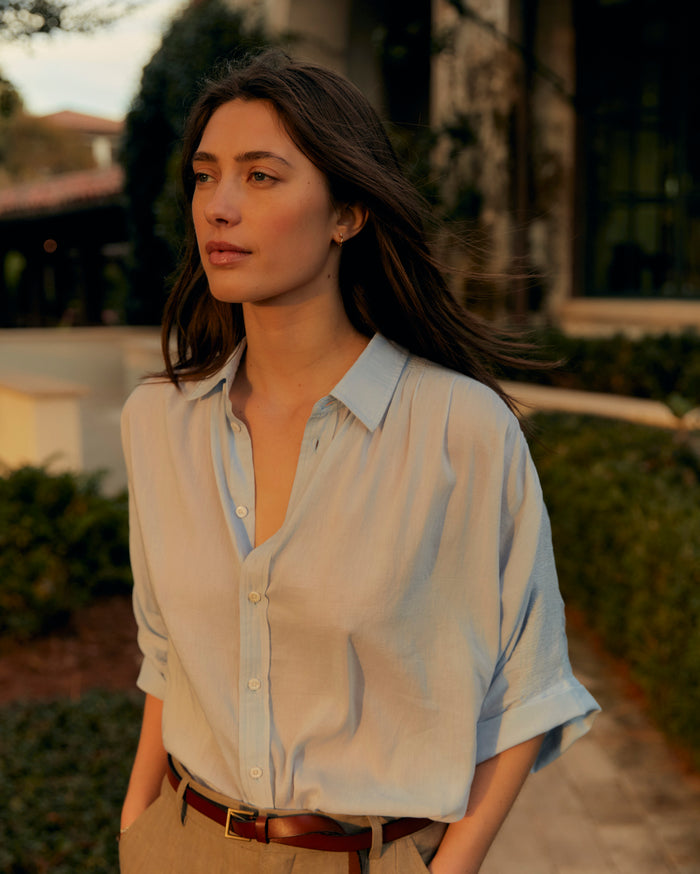 Shirred Sleeve Blouse in Pebble Blue