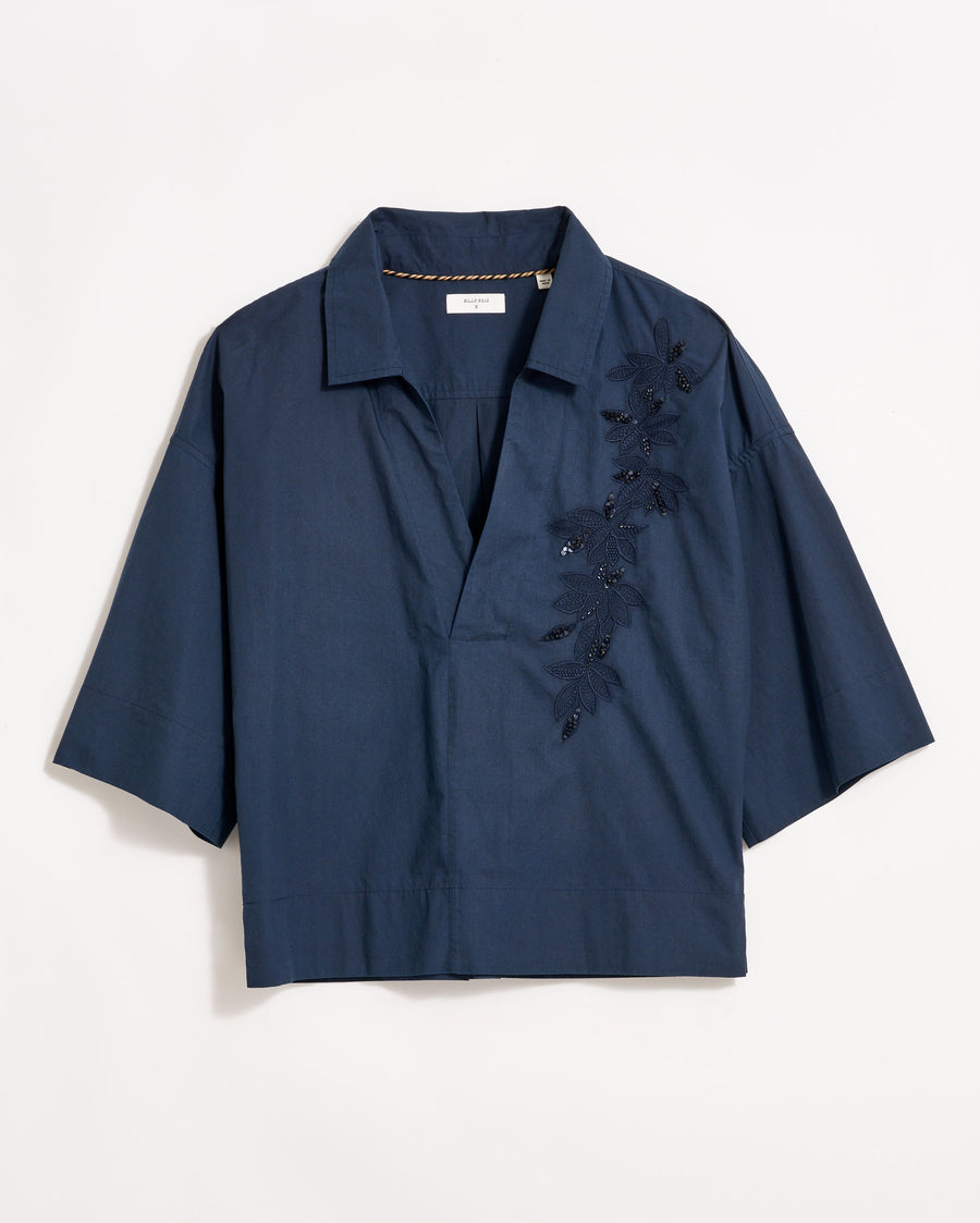 Embellished Cropped Camp Shirt in Carbon Blue