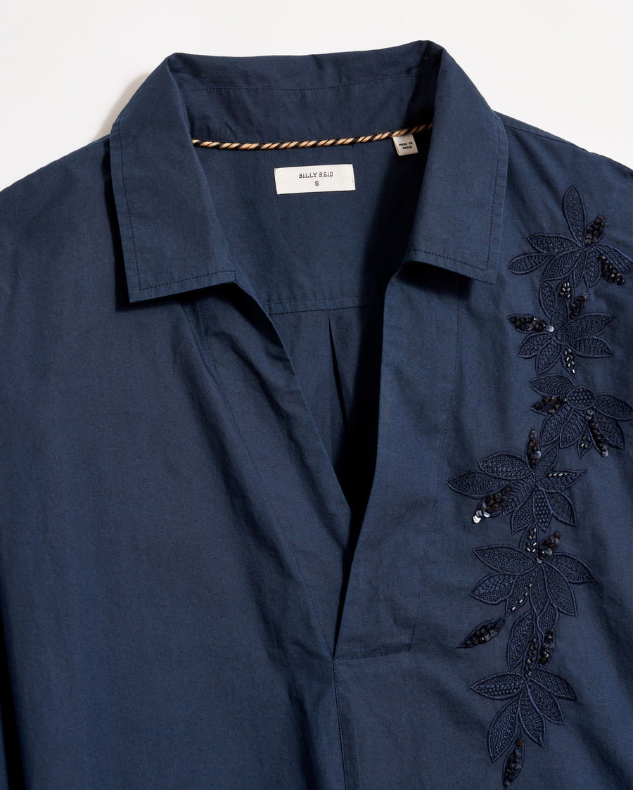 Embellished Cropped Camp Shirt in Carbon Blue