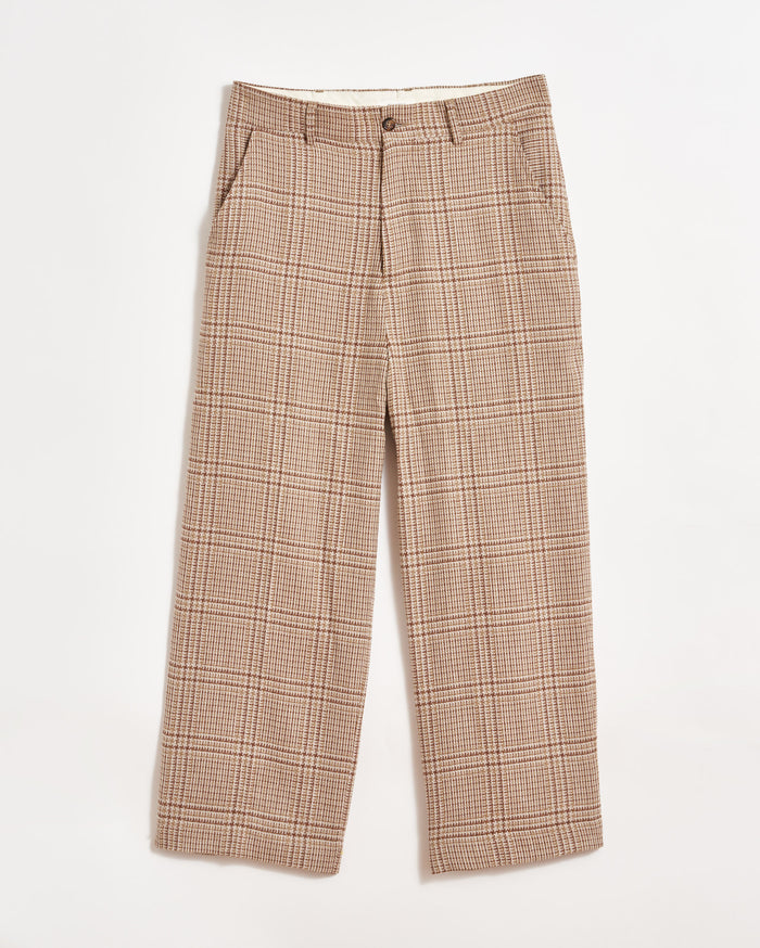 Plaid Cropped Flat Front Trouser in Khaki/Pink Salt